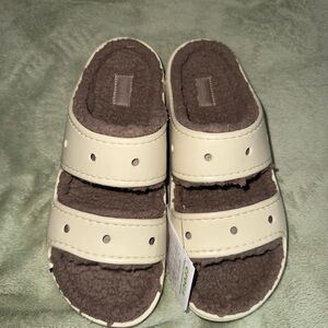 CROCS Classic Cozzzy Cream and Brown Women's Slippers